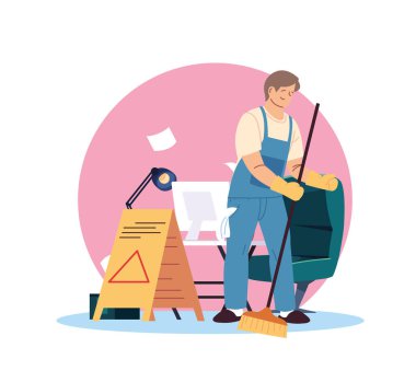 Temizlik servisinde çalışan genç adam.