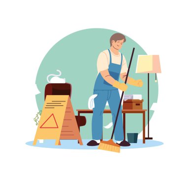 Temizlik işlerinde çalışan genç adam.