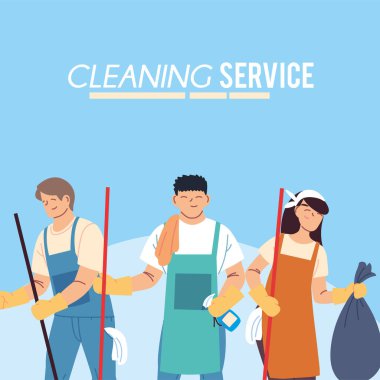 Çöp torbası ve temizlik servisi olan kadın ve erkekler.