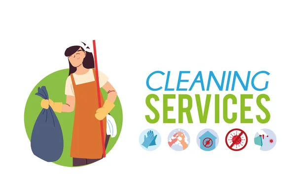 Mujer con bolsa para servicio de limpieza — Vector de stock