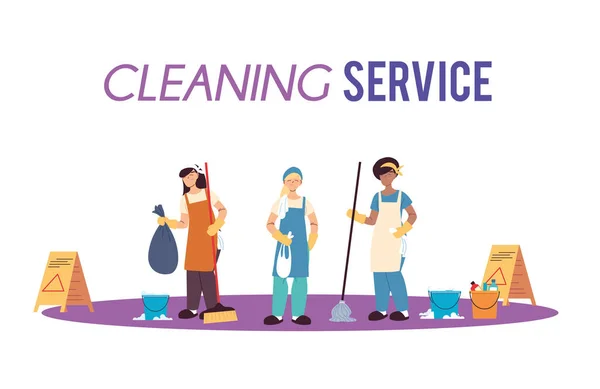 Squadra di servizio di pulizia con guanti e utensili di pulizia — Vettoriale Stock