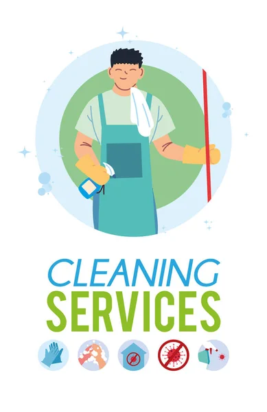 Joven que trabaja en el servicio de limpieza — Vector de stock