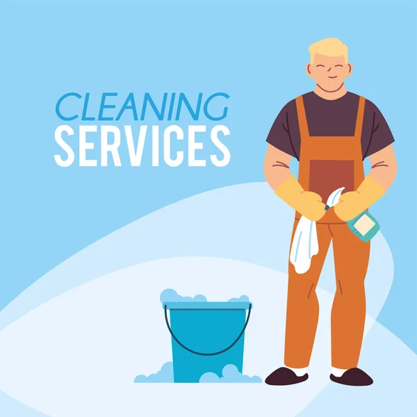 Giovane che lavora nel servizio di pulizia articoli — Vettoriale Stock