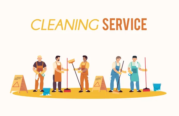 Eldiven ve temizlik malzemeleriyle temizlik ekibi — Stok Vektör