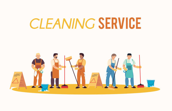 cleaning service team with gloves and cleaning utensils