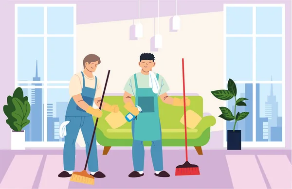Evdeki temizlik işindeki adamlar — Stok Vektör