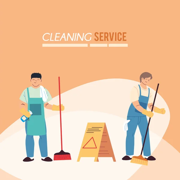 Hombres con delantal y escobas para servicio de limpieza — Vector de stock