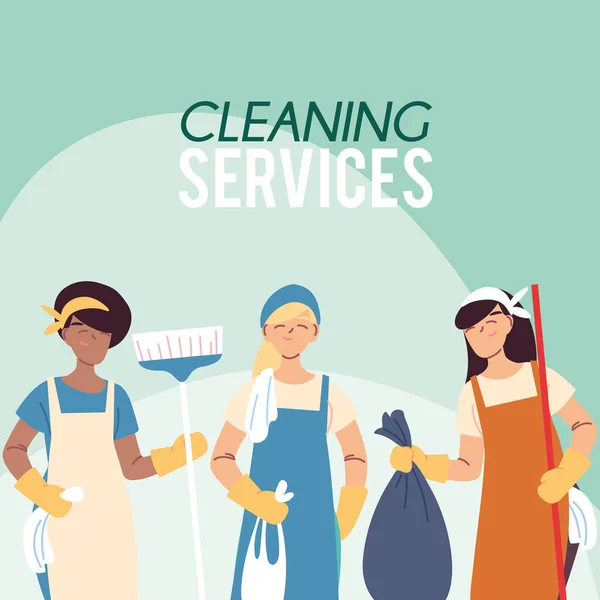 Donne con scope e uniforme per il servizio di pulizia — Vettoriale Stock