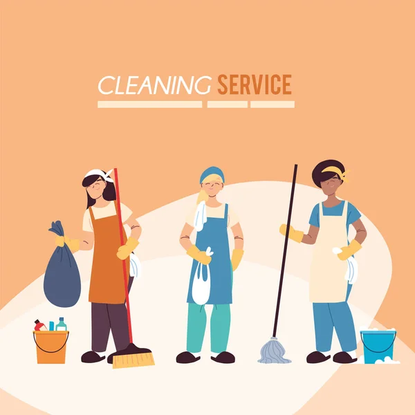 Equipe de serviço de limpeza com luvas e utensílios de limpeza — Vetor de Stock