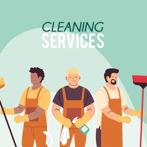 Uomini con grembiule in servizio di pulizia — Vettoriale Stock