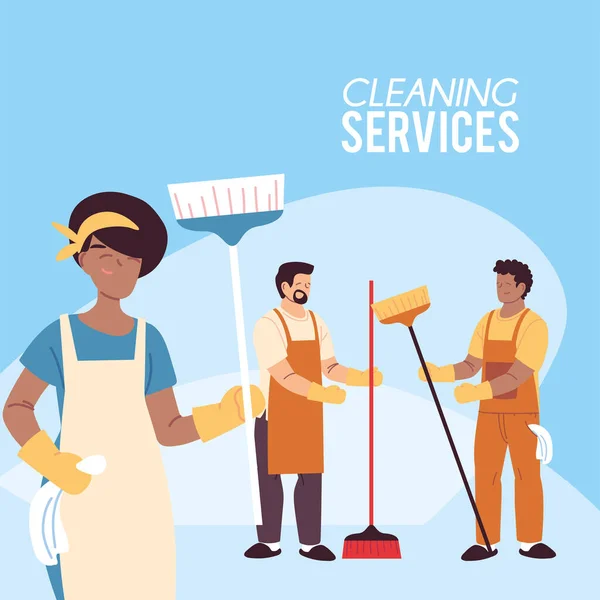 Donna e uomini con scope e grembiule in servizio di pulizia — Vettoriale Stock
