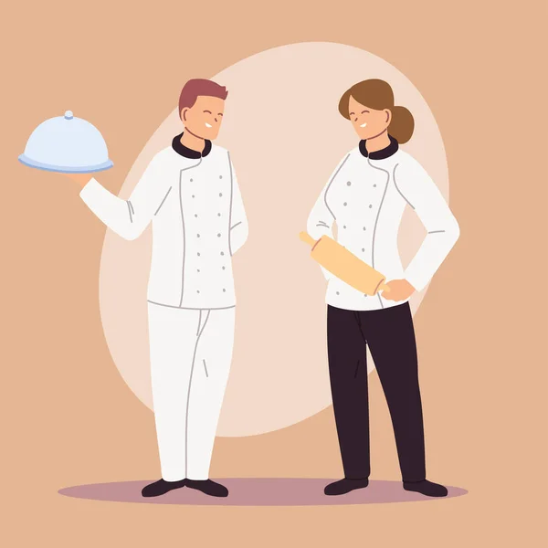 Hombres y mujeres jefes de cocina en uniforme — Vector de stock