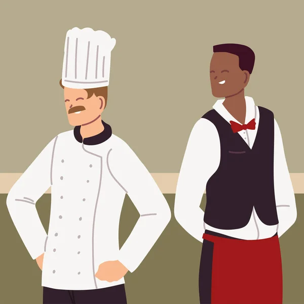 Retrato de chef y camarero en uniforme de trabajo — Vector de stock