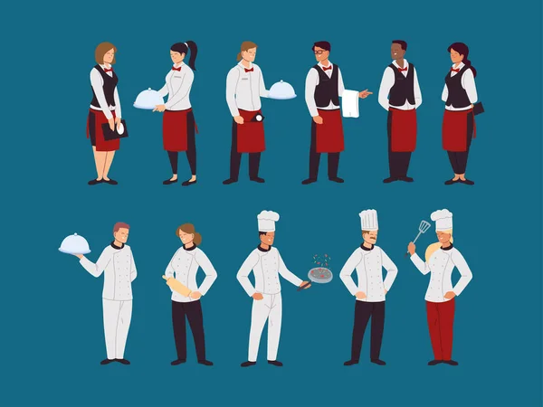 Conjunto de chefs y camareros en uniformes de trabajo — Vector de stock