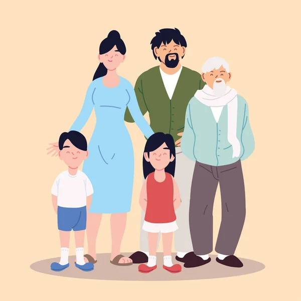 Big family, parents, grandfather and children — Stock Vector