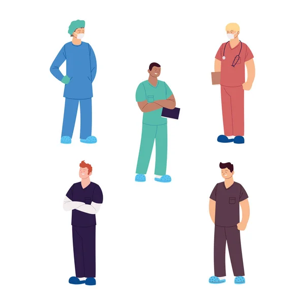 Conjunto de trabajadores sanitarios, médicos y enfermeros — Vector de stock