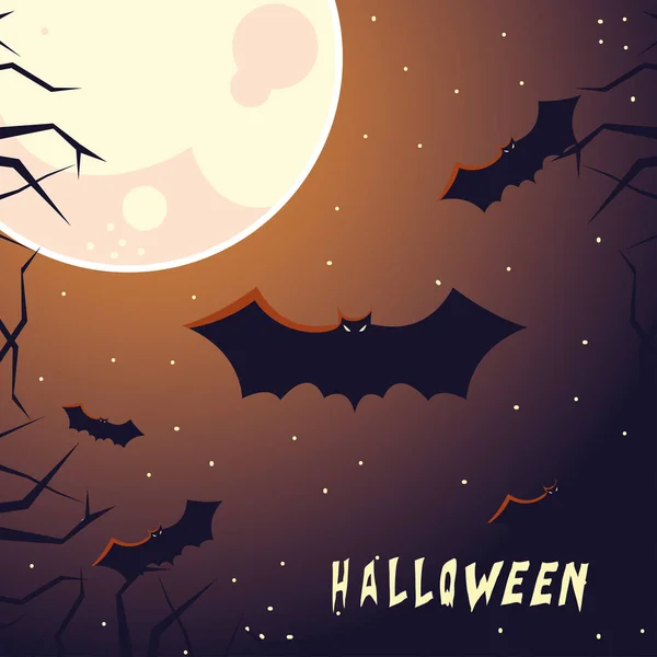 Biglietto di Halloween con luna piena e pipistrelli — Vettoriale Stock