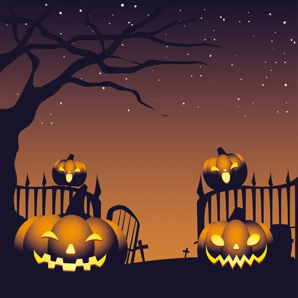 Dynie na cmentarzu z ciemnym tłem halloween — Wektor stockowy