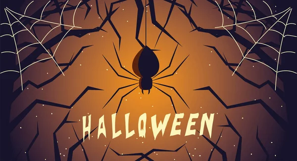 Tarjeta de Halloween con araña en la noche oscura — Vector de stock