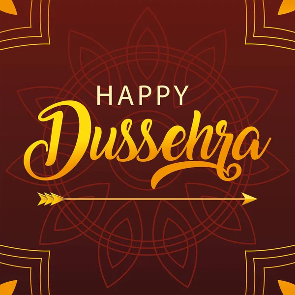 Tarjeta Dussehra feliz con letras doradas y flecha — Vector de stock