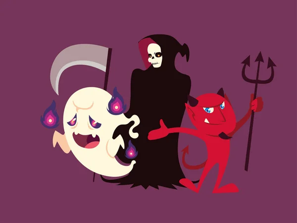 Conjunto de personajes halloween fantasma, muerte y diablo — Vector de stock