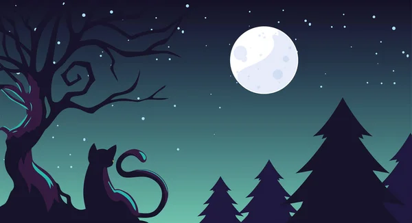 Fondo de Halloween con gato en el campo oscuro — Vector de stock