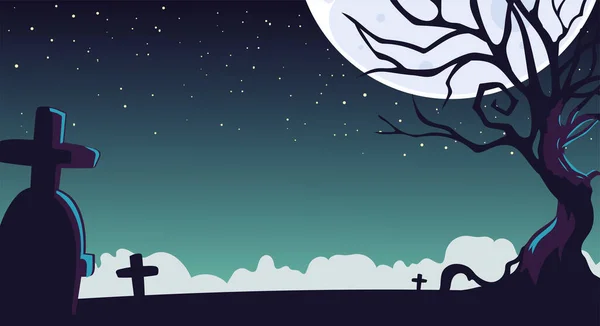 半夜三更的背景与墓地和月亮 — 图库矢量图片
