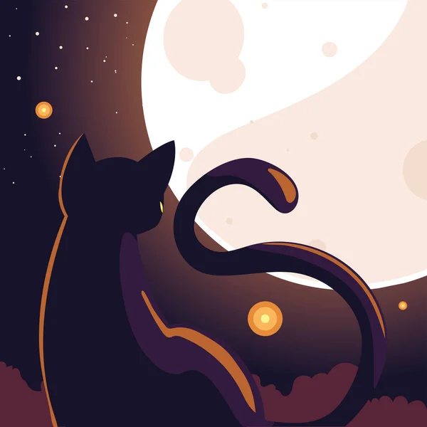Fondo de Halloween con gato en la noche oscura y luna llena — Vector de stock