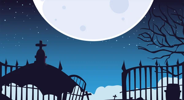 Fondo de Halloween con cementerio espeluznante en la noche — Vector de stock