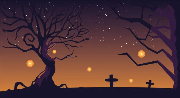 Halloween background with cemetery and tombstones at night — Stock Vector