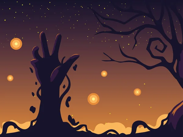 Halloween noche fondo con zombi mano — Vector de stock