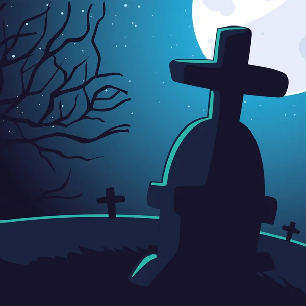 Halloween bakgrund med skrämmande kyrkogård och månen full — Stock vektor