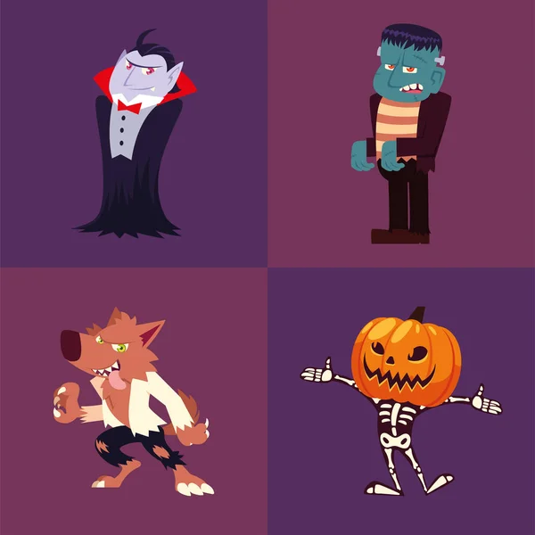 Uppsättning ikoner halloween med vampyr, frankenstein, varulv, pumpa och skelett — Stock vektor