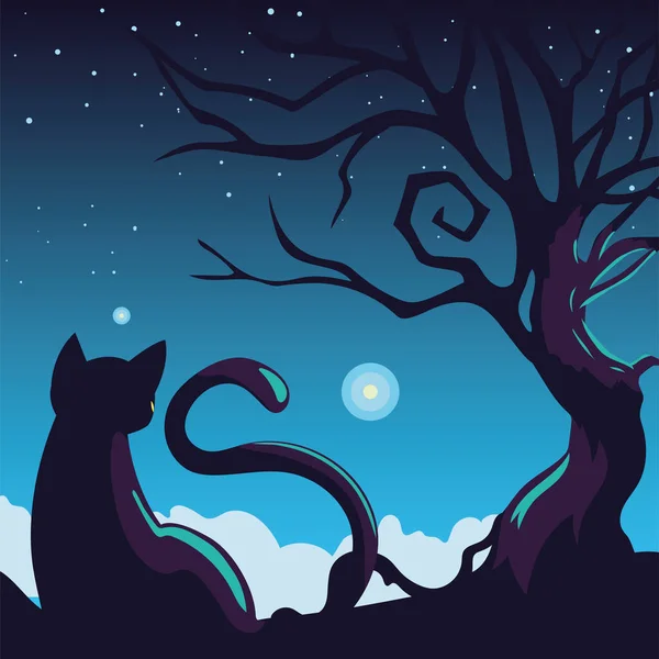 Halloween Hintergrund mit Katze in dunkler Nacht — Stockvektor