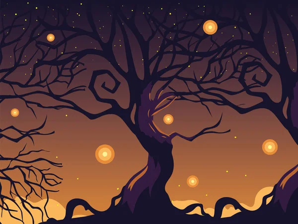 Halloween gelap malam latar belakang dengan pohon menakutkan - Stok Vektor