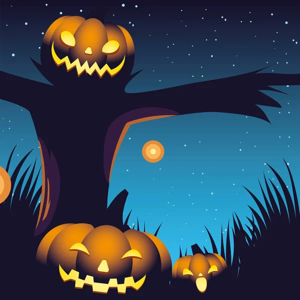 Halloween night background with pumpkins and scarecrow — стоковый вектор