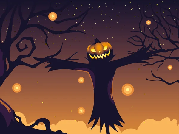 Halloween achtergrond met vogelverschrikker en pompoen — Stockvector