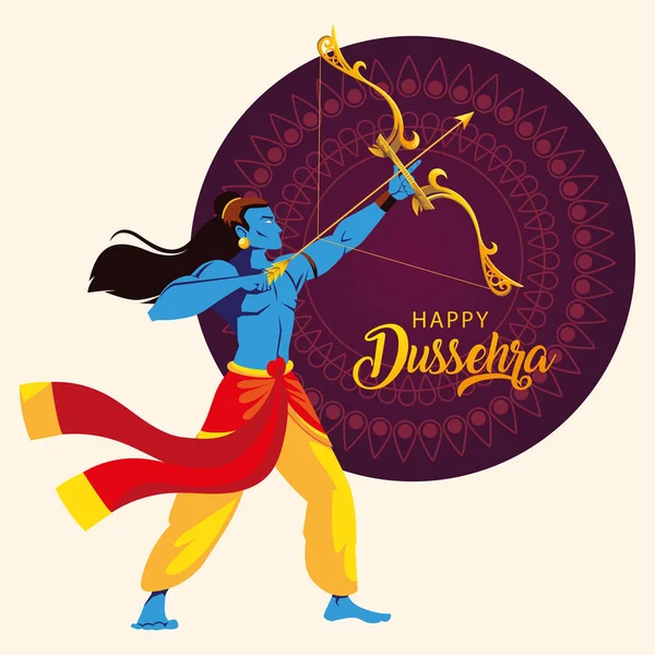 Señor Rama con arco y flecha, texto feliz Dussehra — Vector de stock