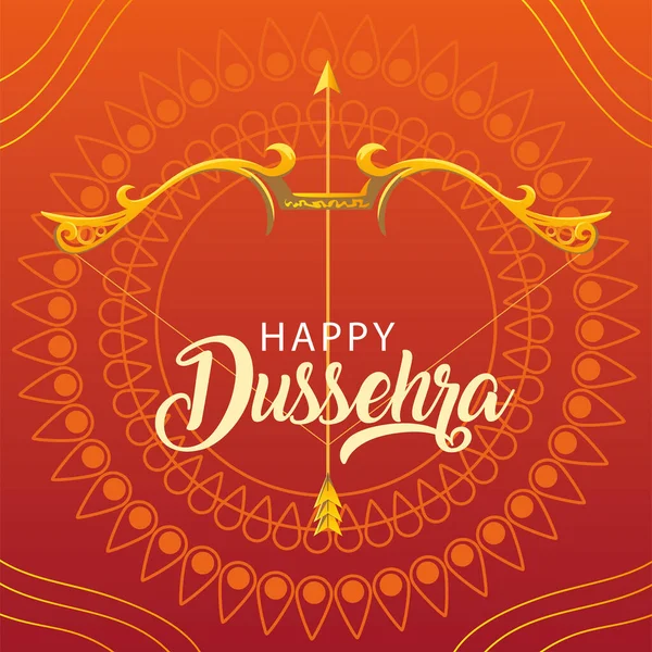 Tarjeta del festival Dussehra con letras doradas y decoración — Vector de stock