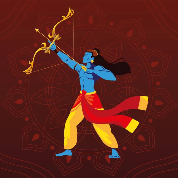 Lord Rama mit Pfeil und Bogen auf floralem dekorativem Hintergrund — Stockvektor