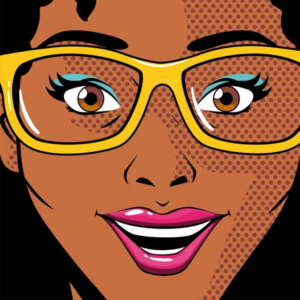Porträtt av afro kvinna med glasögon, pop konst stil — Stock vektor