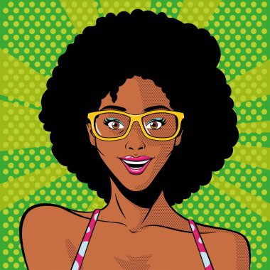 Gözlüklü afro kadın yüzü, pop sanat tarzı.
