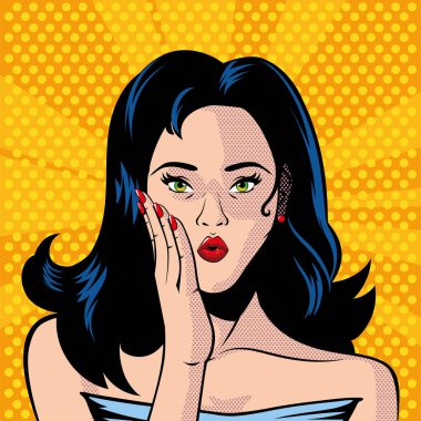 Güzel bir kadın yüzü, ağzı açık, şaşırmış, tarz pop sanatı.