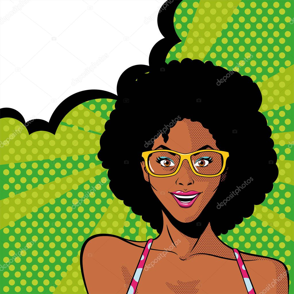 afro woman with glasses and speech bubble, style pop art