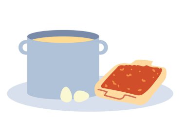 Büyük gümüş bir tencere çorba ve bir tabak yemek.