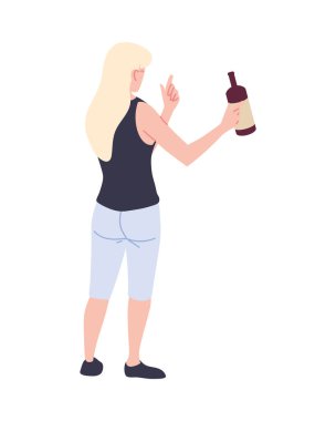 Genç bir kadın elinde bir şişe şarapla sırt üstü duruyor.