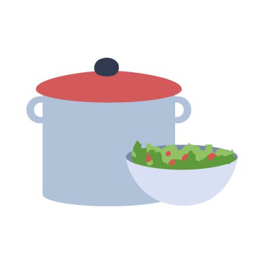 Büyük gümüş tencere çorba ve bir tabak salata.