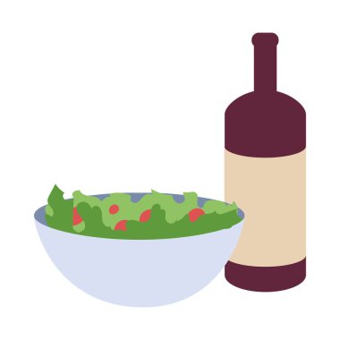 Beyaz arka planda bir şişe şarap ve salata.