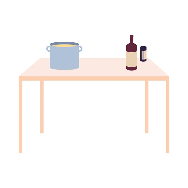 Helle holzfarbene Küchenarbeitsplatten mit Topf und Flasche Wein — Stockvektor