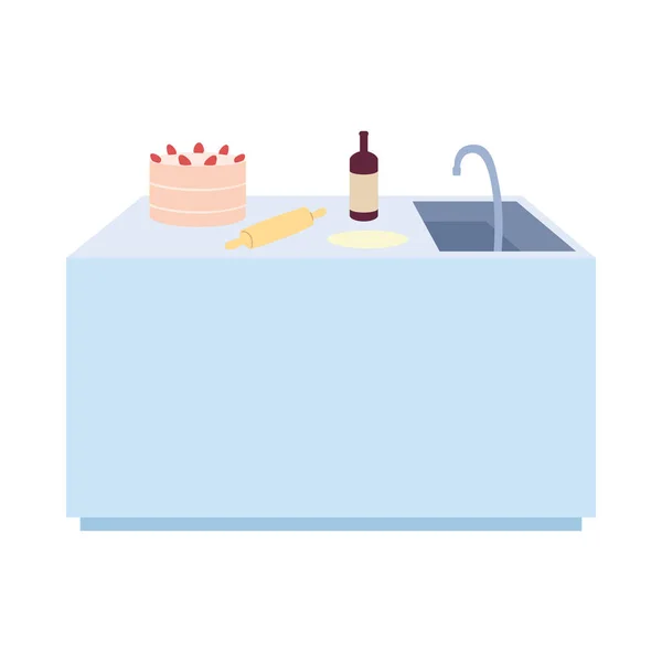 Hliníkové kuchyňské desky s dortem a lahví vína — Stockový vektor